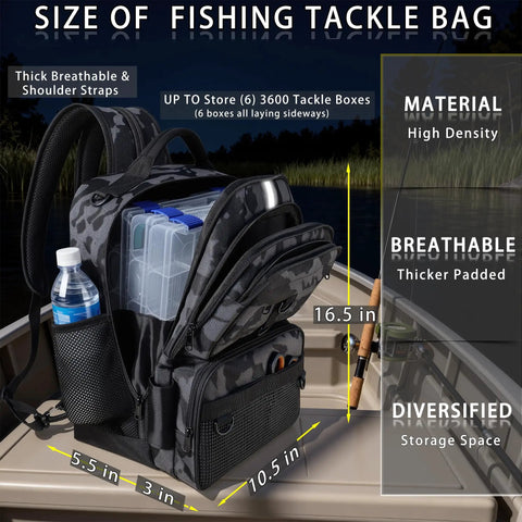 Fishing Backpack Sling Bag With Built In 139 Piece Tackle Kit And Rod Holder 24L Black Camo Gear Bag open displaying compartments