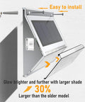 Upgrade Solar Step Lights 12 Pack Outdoor LED Deck Lights with side button, solar panel, and larger shade shown in easy install setup.