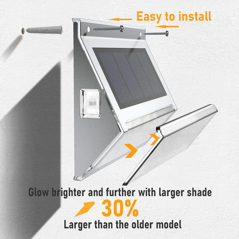 Upgrade Solar Step Lights 12 Pack Outdoor LED Deck Lights with side button, solar panel, and larger shade shown in easy install setup.