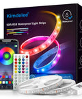 Color Changing 50ft RGB LED Strip Lights With Bluetooth Music Sync Remote Control Waterproof Outdoor Rope Lights For Christmas And Patio Decor IP65 Waterproof For Outdoor Use And Backyard Party Vibes product packaging with remote and app control display.