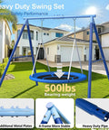 Heavy Duty Saucer Swing Set For Backyard 500lbs Capacity with metal frame, 45-inch round swing, and adjustable steel stand on lawn.