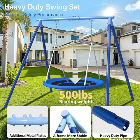 Heavy Duty Saucer Swing Set For Backyard 500lbs Capacity with metal frame, 45-inch round swing, and adjustable steel stand on lawn.
