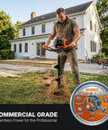 Man using Gas Powered 43Cc Post Hole Digger with 8 Inch Auger Bit in garden with house background