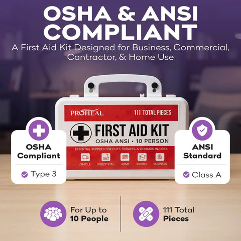 OSHA Compliant First Aid Kit For 10 Person Type III ANSI Class A 111 Piece Emergency Kit, wall-mountable and latex-free case on desk.