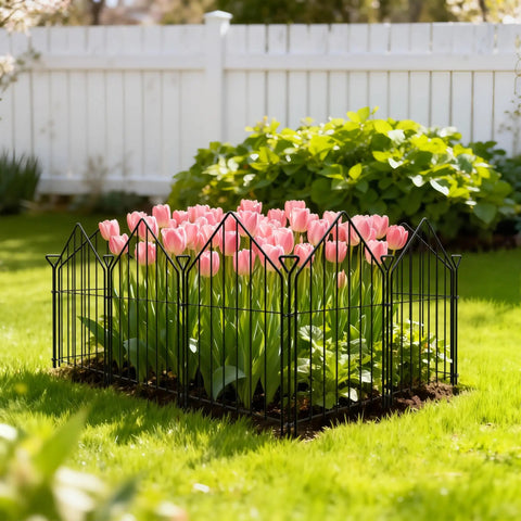 Rustproof Metal Garden Fence 17 Inch By 10 Feet No Dig Animal Barrier Ten Panel Set installed around flower bed with pink tulips