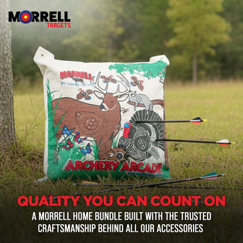Youth Archery Bag Target For 18 Pound Practice with animal illustrations and arrows, field point arcade target in backyard setting.