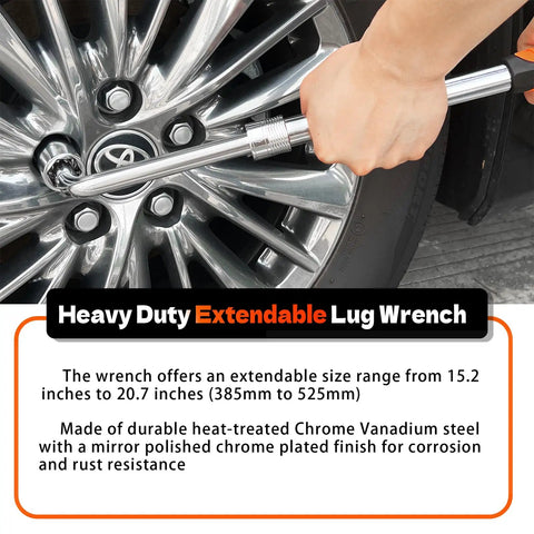 Extendable Lug Wrench With Flip Sockets 4 Piece Telescoping Tire Tool Kit Adjustable From 15.2 To 20.7 Inches in use
