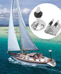 Door stopper and holder hardware, 316 stainless steel, shown as a close-up inset over a sailboat scene.