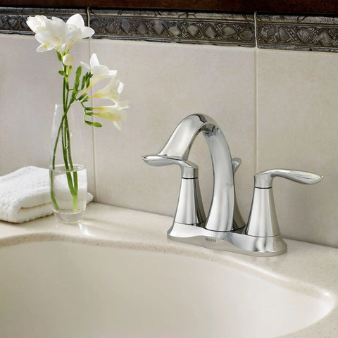 Eva Chrome Two-Handle Centerset Bathroom Sink Faucet With Drain Assembly For 3-Hole Installations in bathroom setting