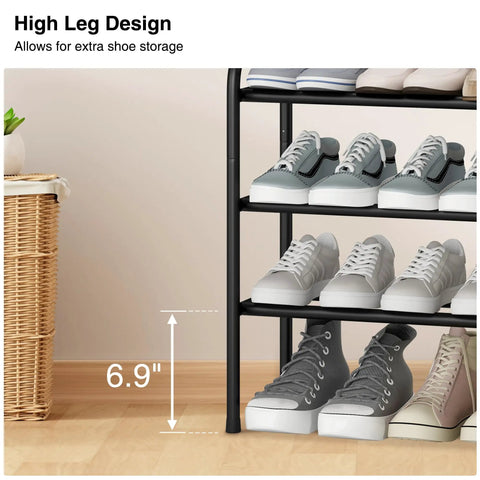 Expandable Three Tier Metal Shoe Rack Holds Up To Sixteen Pairs, Adjustable From 17.7 To 33.1 Inches, Free Standing Black Shoe Organizer