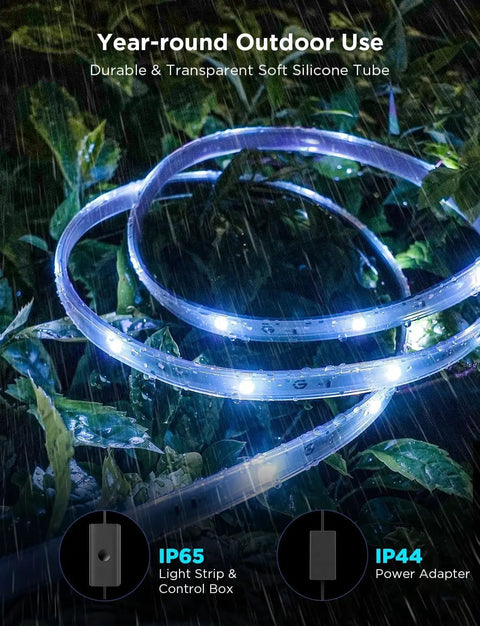 Outdoor LED Strip Lights 98.4 Feet Smart RGBIC Tape Lights for Patio and Backyard with IP65 waterproof silicone tubing.