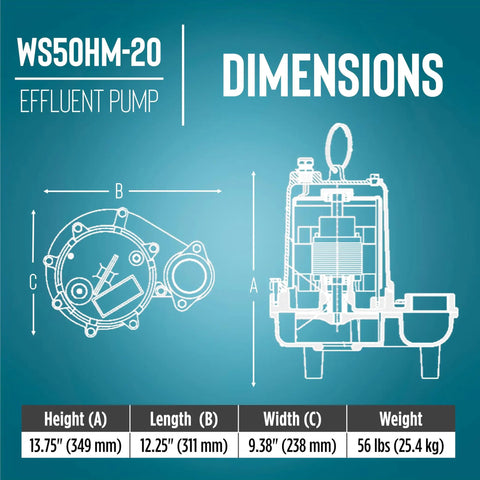 WS50HM-20 effluent pump dimensions showcasing height, length, width, and weight for Tough As Nails Manual Effluent Pump With Half Horsepower Oil Filled Motor And Non Clog Impeller Handles Wastewater Like A Champ Delivers 6900 Gallons Per Hour On 115 Volts For Round The Clock Basement Drainage Solutions.