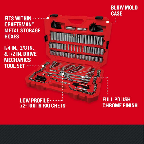 Pro Grade Mechanics Tool Set 189 Piece With One Quarter Inch Three Eighths Inch And One Half Inch Drive Sockets And Wrenches Thin Low Profile Ratchet 72 Tooth Steel Six And Twelve Point Sockets Hex Keys And Specialty Bits In Blow Mold Case open view showing tools inside.