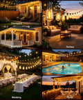 Collage of 100Ft Outdoor String Lights Waterproof Patio Lighting With Clear Shatterproof ST38 Vintage Edison Bulbs for courtyard, terrace, pool, porch, and wedding settings, 2700K warm white glow, outdoor use.