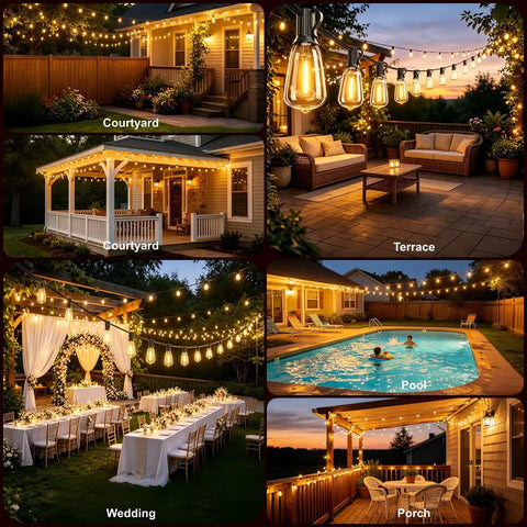 Collage of 100Ft Outdoor String Lights Waterproof Patio Lighting With Clear Shatterproof ST38 Vintage Edison Bulbs for courtyard, terrace, pool, porch, and wedding settings, 2700K warm white glow, outdoor use.