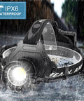 USB Rechargeable LED Headlamp With 90,000 Lumen XHP70 LED in rain, showcasing waterproof design and robust build, ideal for outdoor use.