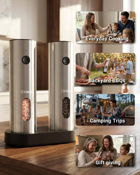 Xinkor Electric Salt And Pepper Grinder Set With Usb Rechargeable Charging Base on kitchen counter ready for use.
