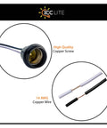 Close-up of black pigtail temporary light socket with copper screw and 14 AWG leads for bulbs, part of set box of 50 with gaskets.
