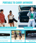 2 In 1 Reclining Camping Chair With Footrest For Adults displayed in carry bag with compact folding shown in car trunk and beach.