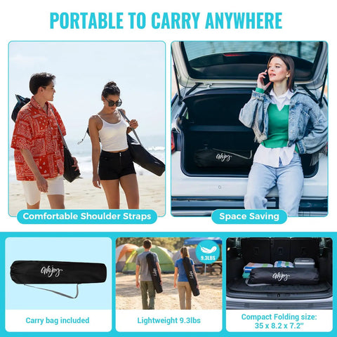 People carrying 2 In 1 Reclining Camping Chair With Footrest in black bag on beach and car trunk, showcasing portability.