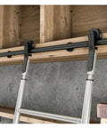 Easy Glide Library Ladder Track Kit 3.3 to 26.2 Ft Black Carbon Steel Rolling Hardware System For Home Loft Garage No Ladder Included, 13ft Track Size installed on wooden beam.