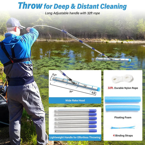 Person using Beast Of A 31 Inch Heavy Duty Landscape And Pond Rake For Gravel Driveways And Water Cleanup Multi Function Weed And Algae Removal Tool