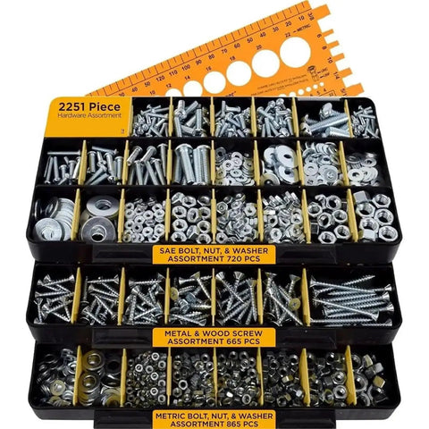 2251 Pieces Hardware Assortment Kit With Carbon Steel Bolts Nuts And Washers SAE And Metric Black Finish For Fast Repairs And DIY Projects For Home Auto And Workshop Projects And Quick Easy Repairs, open tray view