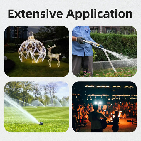 Collage showing diverse applications like outdoor lighting, gardening water hose, lawn sprinklers, and nighttime events.