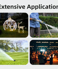 Collage showing various uses: holiday lights, garden watering, lawn sprinkling, outdoor concert.