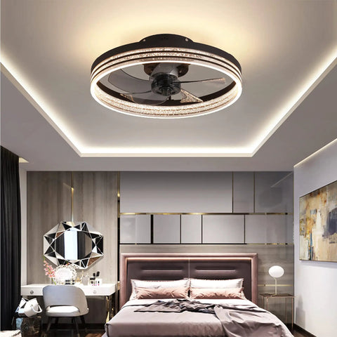 Low Profile Bladeless Ceiling Fan With Lights, App Or Remote Control, 19.7 Inch Flush Mount in modern bedroom.