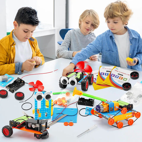 Children building Five In One Hands On Robot STEM Kit Set For Kids Ages 8 To 12 Including Solar Powered Car Wind Powered Car