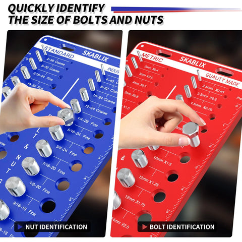 Two SKABLIX bolt and nut gauge boards, blue standard and red metric, for bolt size and thread identification.