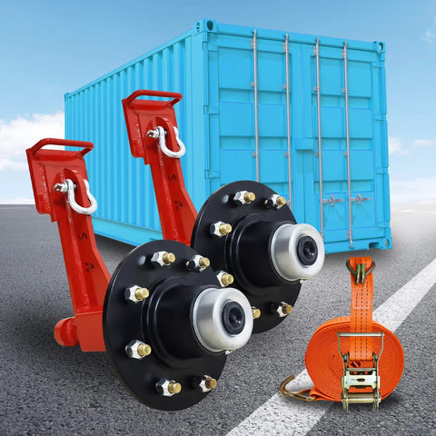 Two Pack Shipping Container Wheels With Eight Lug Configuration And Axle Ratchet Tie Down System For Moving Empty 20 To 40 Foot Marine Containers Marine Container Accessories Each Unit Certified To Support Up To 8800 Pounds shown with container in background.
