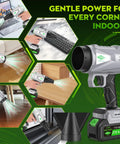 Cordless Leaf Blower With Battery And Charger Delivers Ultra High Wind Speed Up To 65 Meters Per Second 395 CFM And 1000G Airflow For Fast Patio Driveway And Lawn Cleanup Lightweight Handheld With Extended Nozzle For Blowing Leaves Dust Beast Power in use indoors on various surfaces