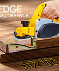 Cordless handheld wood planer with edge-guide fence, yellow body and black handle, 3-1/4 inch planing width
