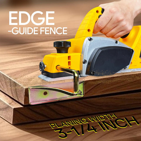 Cordless handheld wood planer with edge-guide fence, yellow body and black handle, 3-1/4 inch planing width