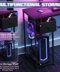 33.5 Inch Compact Gamer Desk With Remote RGB LED Lights And 3 In One Power Hub Monitor Stand CPU Stand Built In Storage Drawer And Side Hooks Space Saving Gaming Table For Home Office Or Bedroom Black showing side storage, drawer, and CPU area.