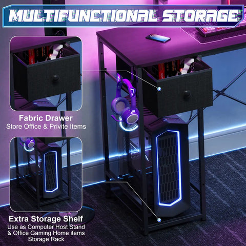 33.5 Inch Compact Gamer Desk With Remote RGB LED Lights And 3 In One Power Hub Monitor Stand CPU Stand Built In Storage Drawer And Side Hooks Space Saving Gaming Table For Home Office Or Bedroom Black showing side storage, drawer, and CPU area.
