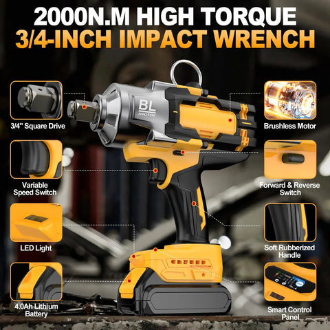 Top Tier Cordless Impact Wrench 3/4 Inch with brushless motor and variable speed for heavy-duty use.