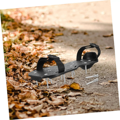 20 Pcs Lawn Aerator Shoe Spikes For Grass Aeration With Secure Fit For All Lawn Types, metal spikes on pathway with leaves