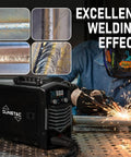 MIG Welder 140A 110V 3 In 1 Flux Core Stick And Lift TIG Gasless Inverter with digital display, used by welder on metal pipe.