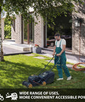 Dusk To Dawn Outdoor Light With GFCI Outlet And Dual Receptacles on house wall, person mowing lawn.