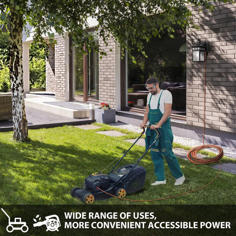 Dusk To Dawn Outdoor Light With GFCI Outlet And Dual Receptacles on house wall, person mowing lawn.