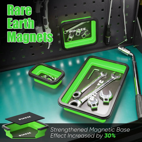 Collapsible Magnetic Parts Organizer Trays With 12 Inch Flexible Magnetic Pickup Tool 3 Size Magnetic Trays And Pick Up Sweeper For Screws Bolts Nuts Washers Pins And Metal Parts Green