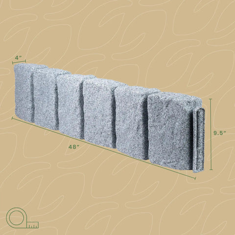 Landscape Edging Kit With Faux Stone Blocks XL For Lawn And Garden Borders Ten Pack Sixty Blocks Long Forty Eight Inches Wide Four Inches High Nine Point Five Inches Includes Thirty Spikes In Greystone, side view of stone block dimensions