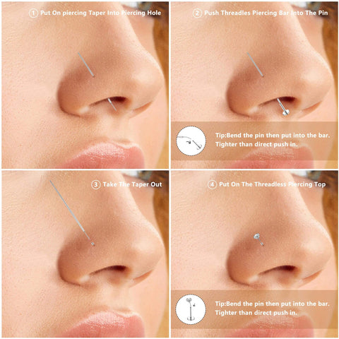 4 Piece Surgical Steel Piercing Insertion Kit With 16G 18G 20G Tapers in a step-by-step guide for nose jewelry swaps.