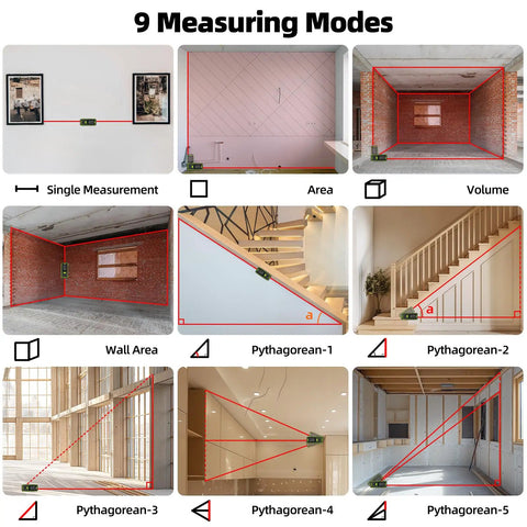 Dual Laser Distance Meter Pro Grade With 656ft Range Rechargeable Angled Sensor Magnetic Back For Easy Bilateral Measurements In Rooms And Jobsites With Long Battery Life And 5 Year Warranty, 9 measuring modes shown
