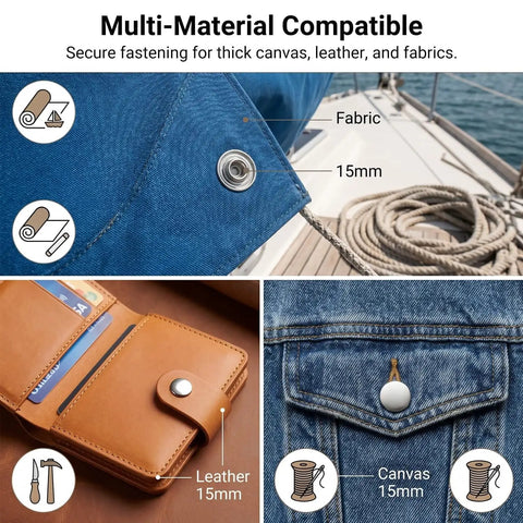 Close-up of Stainless Steel Snap Button Kit 15mm 200 Pieces 50 Sets Built To Last Rustproof for canvas, leather, fabric use.