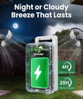Two solar powered outdoor wall mount fans with battery and adjustable thermostat in garden at night