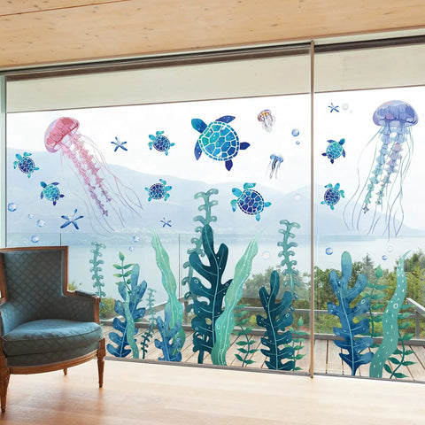 Three Sheets Ocean Wall Decals Set With Jellyfish And Sea Turtle Stickers Plus Ocean Seaweed Vinyl Wall Decor For Kids Nursery Bathroom Bedroom Removable Gift Idea